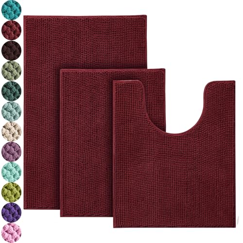 Urvoix Bathroom Rugs Set - 3 Pieces Ultra Soft Non-Slip Bath Mats Chenille Absorbent Bath Rugs for Bathroom Tub and Shower (Burgundy)