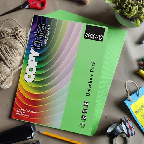 Image of BRUSTRO Copytinta Coloured Craft Paper A4 Size 80 GSM Neon Green Shade (Verde PISELLO), 60 Sheets Pack | Double Side Colored, Ideal for Origami, Scrapbooking, Making Card, DIY Art & Craft.