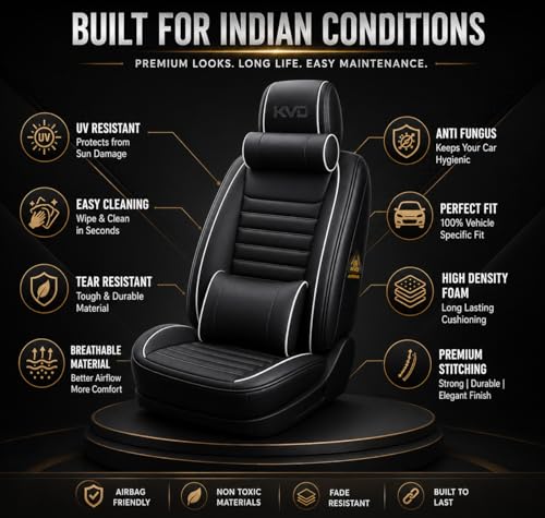 Image of KVD AUTOZONE Heavy Nappa Leather Luxury Car Seat Cover Compatible with Honda Brv Black + Silver Free Pillows and Neck Rest Set (5 Year Warranty) - Dz015 /7