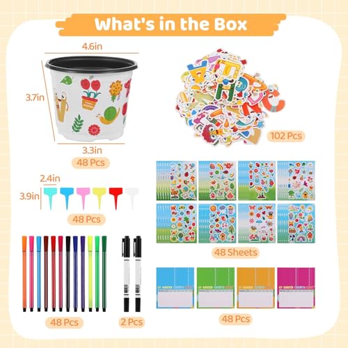 byepica 48-Set Garden Pot Craft Kit with Flower Pots, Stickers, Growth Charts, and Markers for Kids, DIY Planting and Growing Tools, Includes Labels and Watercolor Pens - Image 3