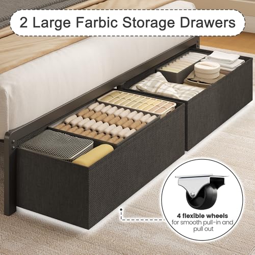 Image of Fluest Queen Bed Frame with 2 Drawers, Upholstered Headboard with Storage and Charging Station, LED Lights, Fabric Drawers with Wheels, Under Bed Storage, No Box Spring Needed, Easy Assembly, Black