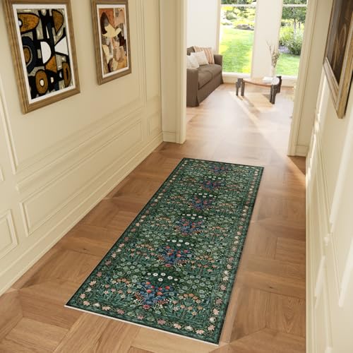 Image of Non-Slip Washable Runner Rug for Hallways, 2x6 Ultra-Thin Floral, Boho Soft Forest Green Carpet for Kitchen, Bathroom & Laundry Room