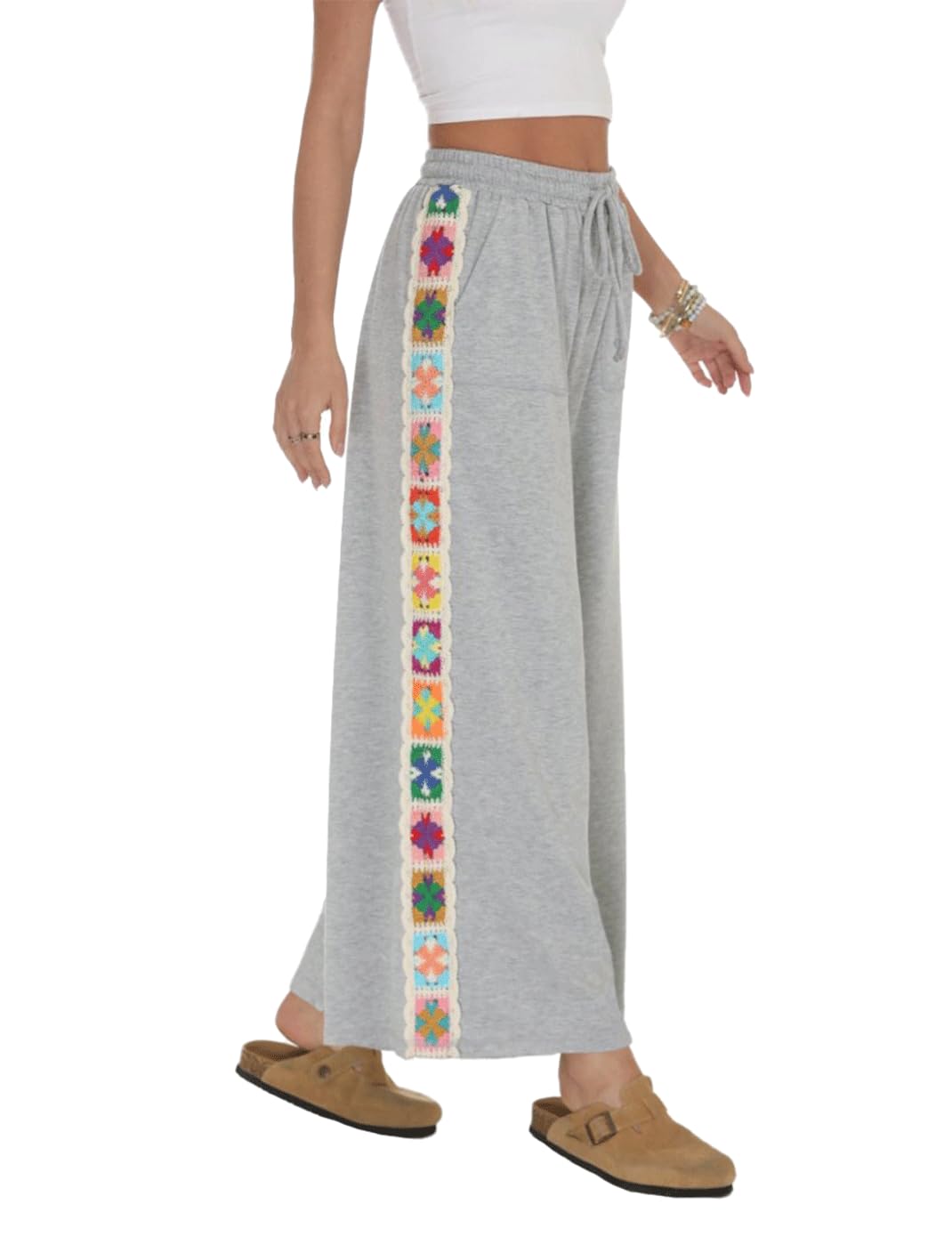 Haellun Womens Casual Comfy Pants High Waist Boho Wide Leg Cropped Palazzo Crochet Beach Pants with Pockets