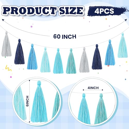 Image of WILLBOND 4 Pcs Rainbow Tassel Garland Party Decorations, Colorful Boho Wall Hanging Banner for Classroom Decor, Back to School Birthday Wedding Baby Shower Nursery Home(Blue Gray,6.3 Inch)