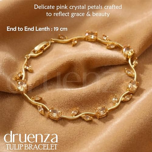 Image of druenza Tulip Bracelet for Women Stylish | Gold Plated Floral Crystal Jewellery | Elegant Adjustable Chain Bracelet for Girls Stylish | Trendy Daily Wear Party Jewelry Gift for Women & Girls