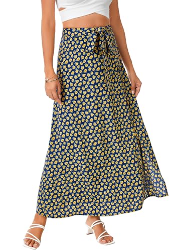 LYANER Women's Floral Print Split Front Tie Knot High Waisted Boho Beach Maxi Skirts3
