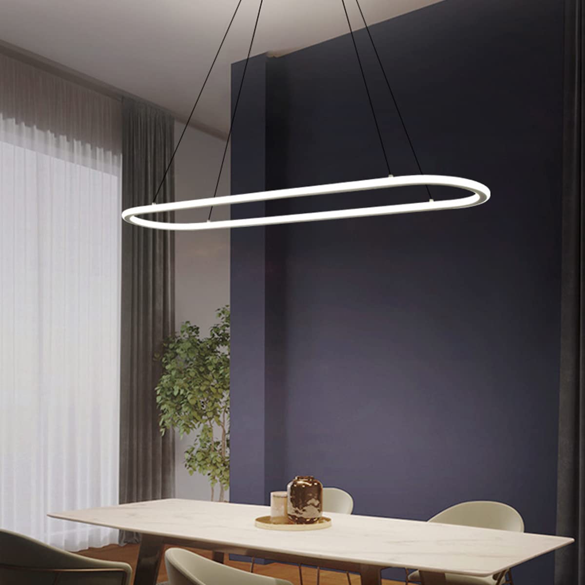 Lampy sufitowe LED do sypialni, owalny design, możliwość ściemniania, z pilotem zdalnego sterowania, regulowana wysokość do stołu jadalnego biura (czarny dł. 60 cm / 30 W)
