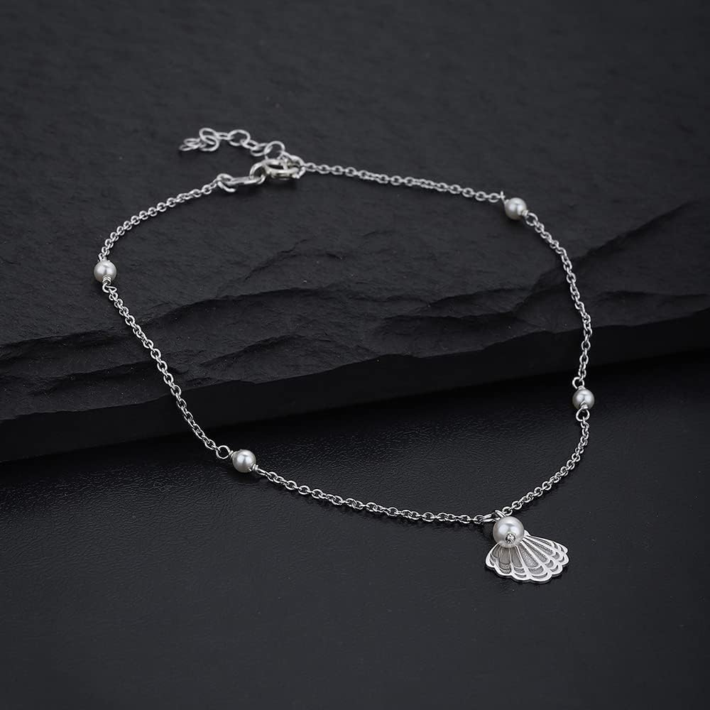 Vanbelle Sterling Silver Jewelry - Rhodium Plated 925 Stamp - Sea Shell Anklet with Artificial Pearl - Stylish Beautifully Designed for Women - 9" Long + 1" Extender - Image 6