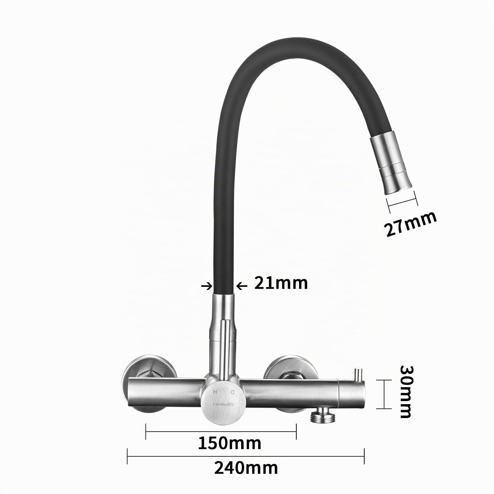 Grifo de Cocina Pared Monomando 360° Acero Inoxidable 304 Cepillado 3/4