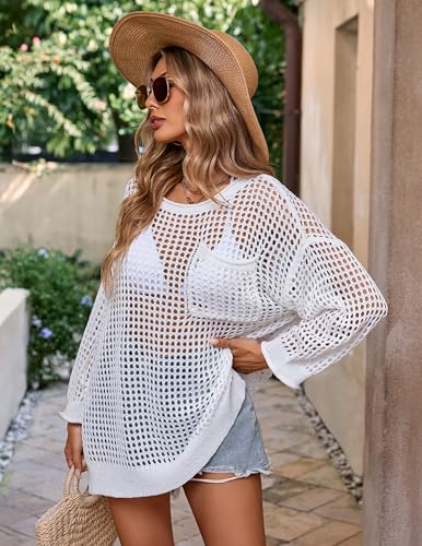 Womens Oversized Lightweight Beach Cover Up Cute Crochet Hollow Out Crewneck Pocket Sweater Top Fall 20242