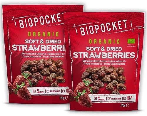 Biopocket Organic Soft & Dried Strawberries, 2 Packs of 170 grams - Non-GMO, Vegan, Gluten-Free, No Added Sugar, Healthy Snack
