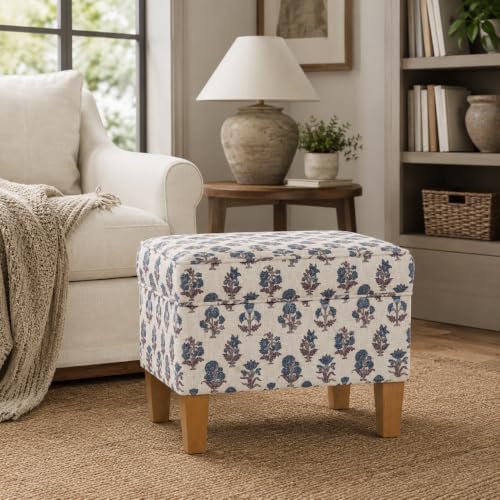 Image of HomePop 22 inch Medium Rectangular Storage Ottoman - Blue Floral Pattern