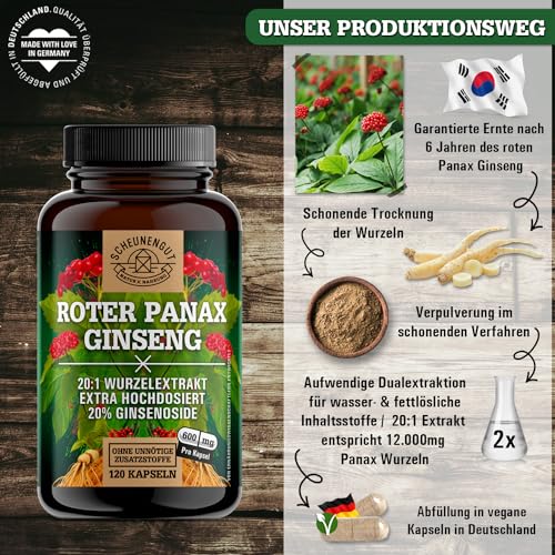 Ginseng Kapseln 1800mg -WICHTIG: 20:1 Roter Panax Extrakt (=36000mg Ginsengwurzel je Tagesdosis) -maximale Bioverfügbarkeit +20% Ginsenoside- Panax Ginseng Kapseln DE SCHEUNENGUT®