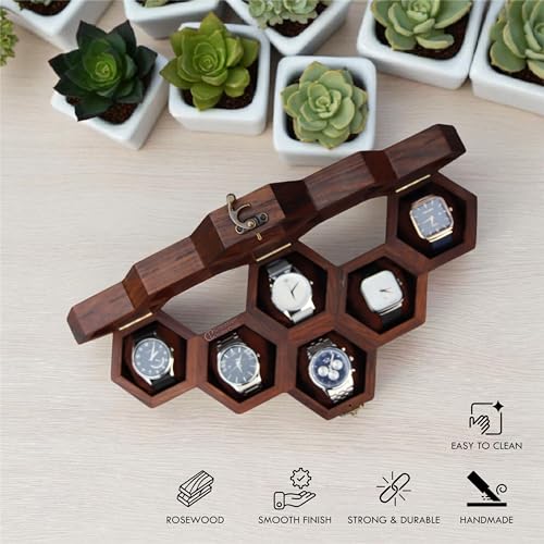 Image of Vintage Wooden Watch Box for Men, Timepiece Display Case, Honeycomb Watch Storage & Organizer, Jewlery Box for Women, Anniversary Gift For Husband (6 Compartments)