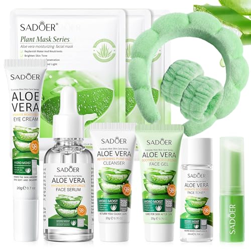 Set de Cuidado Facial Aloe Vera 11 Piezas, Aloe Vera Skincare Kit con Limpiador, Crema aloe vera, Kit Viaje Cuidado Facial Mujer, Hidratación, para Adolescentes y Mujeres
