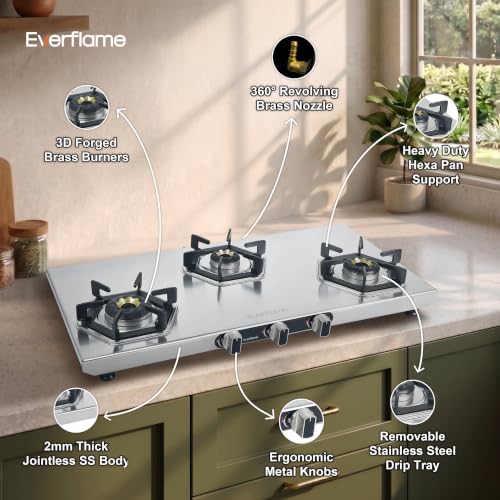 Image of Everflame Hexon 3 Burner Stainless Steel Gas Stove | 2mm Thick Jointless SS Body | 3D Forged Brass-Burner | ISI Certified | Manual Ignition | 2 Years Manufacturer Warranty