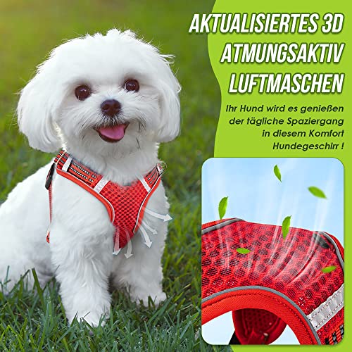 Eyein Hundegeschirr für Kleine Mittelgroße Hunde, Air Mesh Atmungsaktiv Brustgeschirr mit weichem Griff und Abschließbare Karabiner, ausbruchsicher reflektierend Hund Geschirr für Welpen, Rot, XS