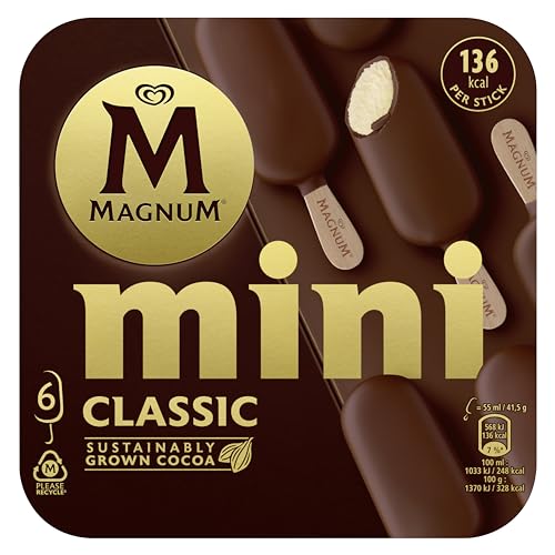 Magnum Lot de 6 mini bâtonnets de crème glacée classique au chocolat certifié Rainforest Alliance - Crème glacée veloutée vanille cacao - 55 m