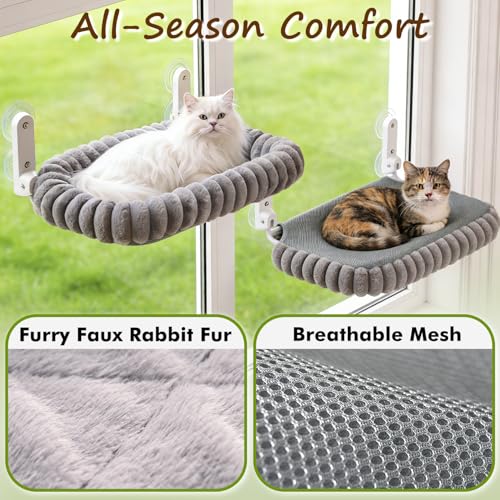 Image of Zoratoo 2PC Cat Window Perch with Bolster Foldable Cat Hammock Cushion Bed for Window with Metal Frame, Cloud-Cuddle Cordless Window Resting Seat for Indoor Cats (Cushion Bed, Gray-M)