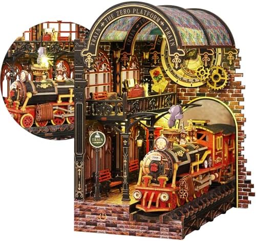 WIOR Book Nook Kit, DIY Scene Miniature House Kit with Sensor LED Lights 3D Wooden Puzzle Tiny Dollhouse Bookend for Adults, Magic Train Station Booknook Bookshelf Insert Decor Gifts for Book Lovers