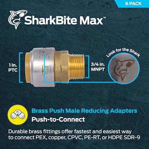 Image of SharkBite Max 1 Inch x 3 /4 Inch MNPT Adapter, Pack of 6, Push-to-Connect Brass Plumbing Fitting, UR143