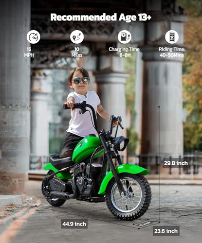 Image of ELEMARA Electric Dirt Bike, 15 mph & 150lb Max, 24V Ride on Toy for Big Kids w /LED Lights & Power Display,Chain-Driven Motor,Twist-Grip Throttle, Shock Springs,Handbrake,12 inch Air-Filled Tires-Green