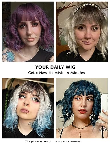 Image of Rose bud Wavy Bob Wig with Bangs Natural Wine Red Wig Synthetic Hair Shoulder Length Short Curly Wigs for Women