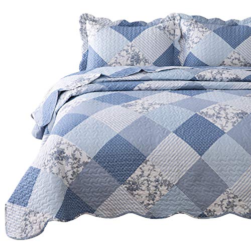 Bedsure 2-Piece Printed Quilt Set Twin Size (68x86 inches), Blue Floral Patchwork Pattern, Lightweight Bedspread Coverlet Design for All Season, 1 Quilt and 1 Pillow Sham