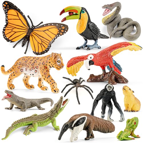 THINKBAY 12PCS Realistic Rainforest Animal Figurines Toys Rainforest Diorama Supplies Party Favor Jungle Animals Figures Toys Learning Toys for Toddlers Boys Girls Valentines Day Gifts for Kids