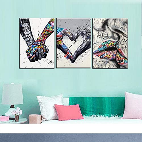 Banksy Graffiti schilderijen, Heart Love, Romantic Kiss, 3-delige prints op canvas, ingelijste woondecoratie, klaar om op te hangen, 105 x 50 cm (b x h) - Afbeelding 6