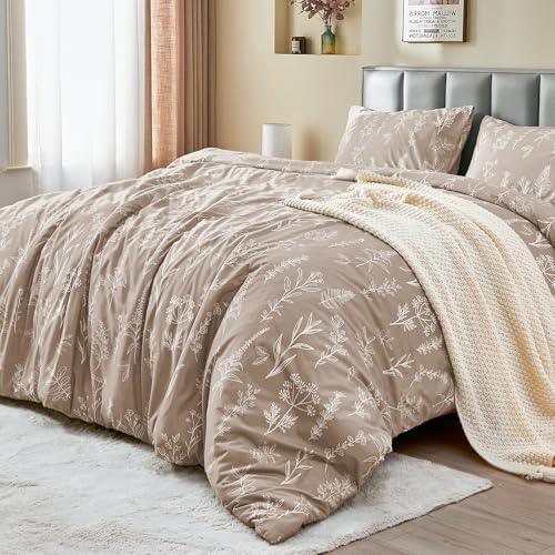 MUXHOMO Duvet Cover Full Size, Reversible Floral Taupe Duvet Cover Set with Zipper Closure, 3 Pieces Botanical Patterns Soft Microfiber Bedding Set with 4 Ties (80"x90", 2 Pillow Cases)