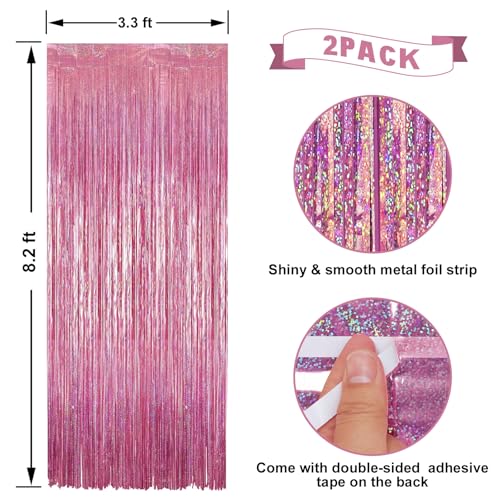 Image of 2 Pack Laser Hot Pink Foil Fringe Curtains Streamers Party Decorations 3.3 x 8.2 ft, Tinsel Curtain Fringe Backdrop for Parties, Door Fringe Birthday Streamers, Barbie Backdrop Party Decorations