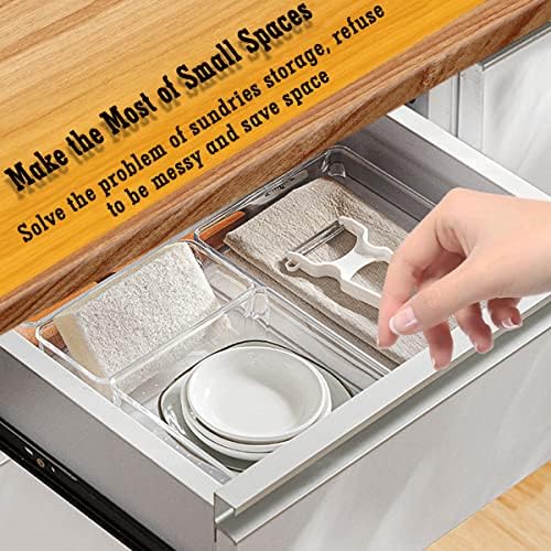 MVQPER 7 PCS Makeup Drawer Organiser,Desk Drawer Organisers Trays,4-Size Clear Acrylic Drawer Organiser for Bedroom Dresser, Bathroom,Office and Kitchen,Fridge Trays Organizer,Transparent