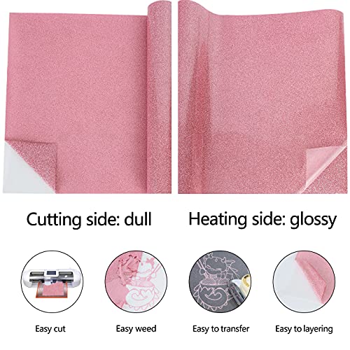 Image of guangyintong Glitter Pink Heat Transfer Vinyl HTV Rolls, 12 inch x 8ft Iron on Vinyl for T-Shirts, Glitter Pink HTV Vinyl for All Cutter Machines Easy to Cut & Weed for Heat Vinyl Design
