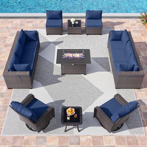Image of 13 Pieces Outdoor Patio Furniture Set,Outdoor Sectional Furniture with 43 inch 55000 BTU Gas Propane Fire Pit Table,PE Rattan Wicker Patio Conversation Set,Swivel Rocking Chairs Set,Navy Blue