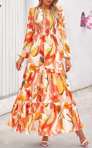 Image of PRETTYGARDEN Women's Fall Dresses 2026 Long Sleeve Flowy Casual Floral Maxi Dress Crew Neck Smocked Tiered Long Dress