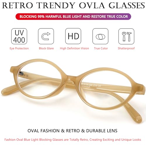 Image of AIEYEZO Small Oval Blue Light Glasses for Women Fashion Retro TR90 Oval Frames Computer Screen Glasses (Milk Brown)