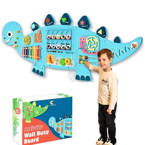 AthomBear Dinosaur Activity Wall Busy Board, 12 in 1 Sensory Wall Panel for Kids, Wooden Montessori Toys, Toddler Learning Activity Center for Playroom, Daycare, Classroom, Sensory Panel for Autism