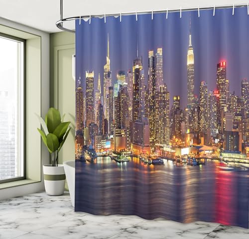 Cityscape Decor Shower Curtain by Ambesonne, NYC New York City Night Skyline Scenery View Artwork Picture Prints, Polyester Fabric Bathroom Shower Curtain Set with Hooks, 69 X 70 Inches, Multicolor