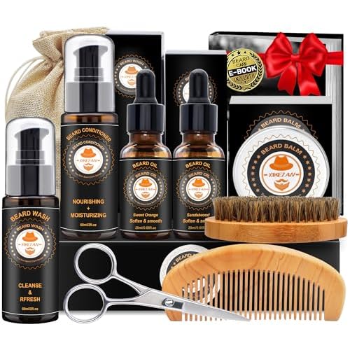 XIKEZAN Beard Kit for Men Grooming & Care w/Beard Conditioner, Wash, Oil, Balm, Brush, Comb,Birthday Fathers Valentines Gifts for Men Him Dad Husband
