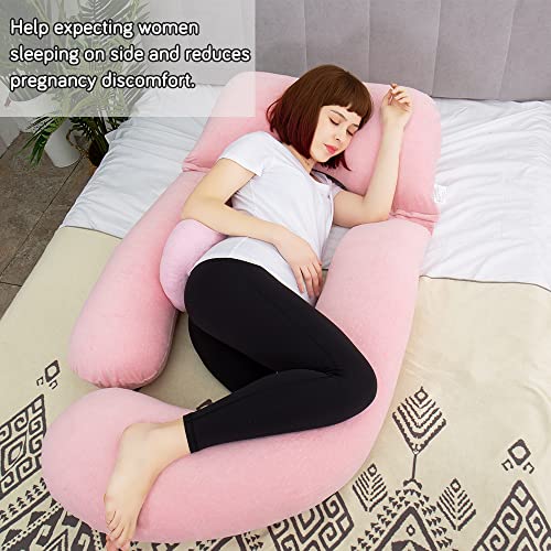 Image of 60in Full Body Pillow | Nursing, Maternity and Pregnancy Pillow | Extra Large U Shape Pillows with Detachable Side, Separate Support Pillow and Removable Cover Velvet (Light Pink)