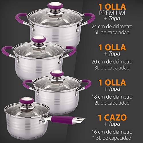 Gridinlux-Set-de-Cocina-Elite-Chef-Hannover-8-Piezas-4-Tapas-de-Vidrio-Templado-Acero-Inoxidable-con-Encapsulado-Reforzado-Base-Multisuperficie-Morado