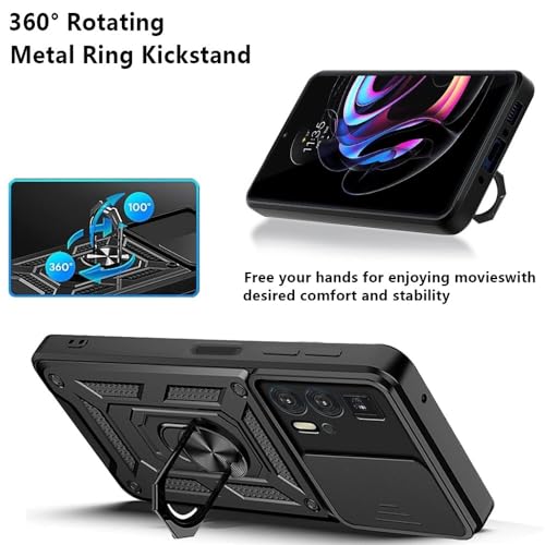 Image of Heavy Duty Back Case Cover for Moto Edge 20 Pro 5G, Shockproof Moto Edge 20 Pro Back Cover, Ring Case with Kickstand and Camera Protection Shutter - Black
