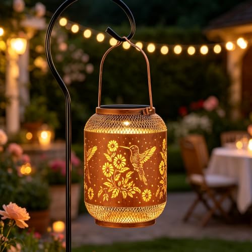 Image of Solar Lantern Outdoor Hanging Solar Garden Light Gifts for Mom Grandma Women,Waterproof Metal Decorative Lantern, Warm White Solar Lights for Patio Yard (Hummingbird)