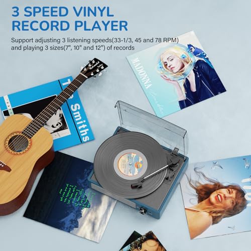 Image of Vinyl Record Player with 2 Stereo Speakers Belt-Driven Vintage Turntables 3 Speed 3 Size Wireless Bluetooth Playback AUX-in RCA Out Headphone LP Vinyl Players Auto Stop Frosted Blue