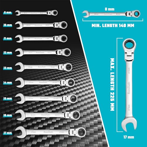 DURATECH Flex-Head Ratelsleutelset, combinatiesets, 72 tanden, metrisch, 9-delig, 8, 10, 11, 12, 13, 14, 15, 16, 17mm, CR-V staal, met rolkoffer - Afbeelding 4