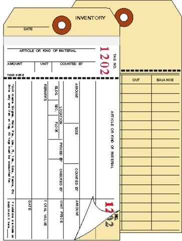 Inventory Tags, 2-Ply Carbonless, Plus a Tear Off Numbered Stub, Manila,Plain, Random Sequential Numbers - Box of 500