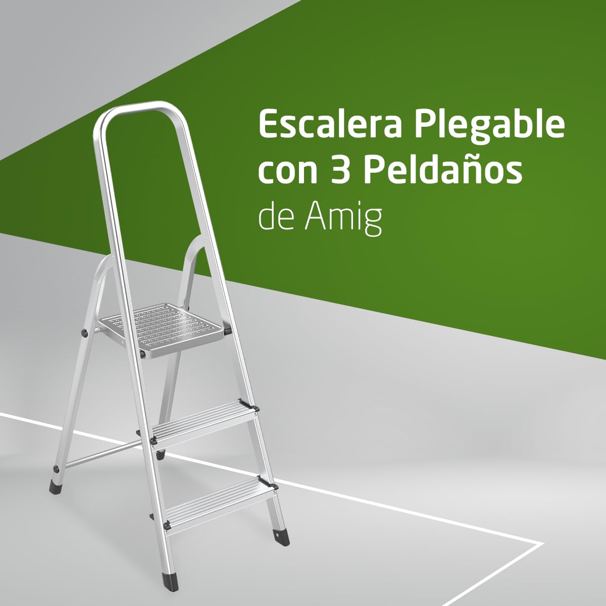 Amig - Escalera Plegable con 3 peldaños - Fabricada en Aluminio - Medida de Peldaños Pequeños:28x8cm - Medida de Peldaño Grande: 25x25x28 cm - Uso Doméstico - Carga Máxima 150 kg