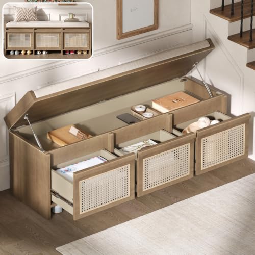 Kennkari Retro Entryway Shoe Bench with Rattan Drawers and Upholstered Cushion, Wood Storage Bench with Hidden Compartment for Hallway Foyer Living Room (Natural)