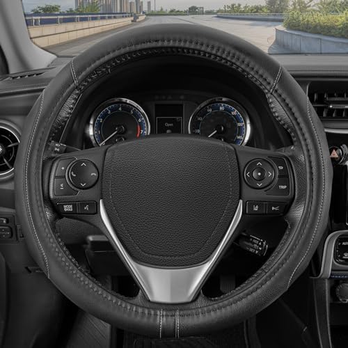 Motor Trend SW-761-GR-M_AM GripDrive Synthetic Leather Auto Car Steering Wheel Cover Black w/Gray Accent Stitching Comfort Grip - Standard 15 inch